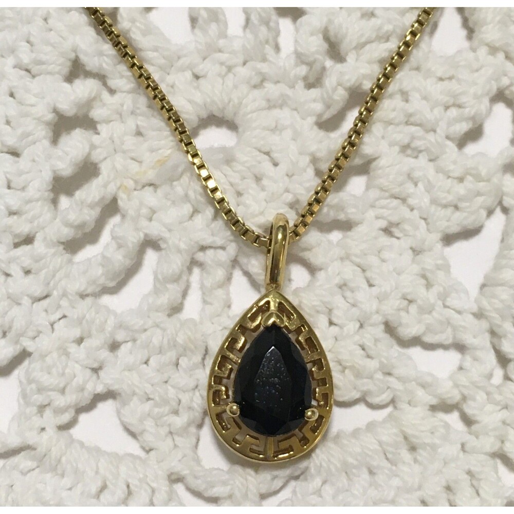 Vintage Avon Pendant Necklace Breek Key Black Stone Gold Tone Box Chain